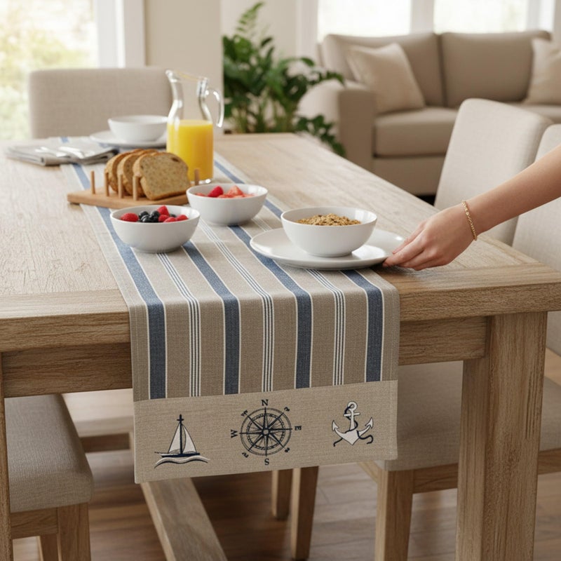 Eight Owls Nautical Table Runner - 72 Inch - Cotton Decorative Embroidered Design â€“ Natural, Navy Blue and White (Coastal Lighthouse) - Image 4